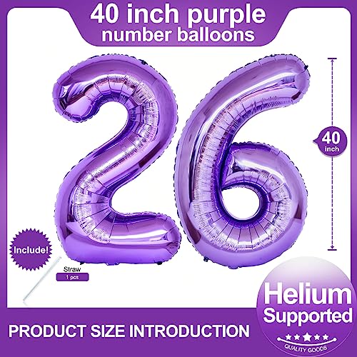 Image of Number 26 Purple Balloons 40 Inch Giant Purple Foil 26 Number Helium Balloons for 26th Purple Birthday Party Supplies 62th Anniversary Events Decorations