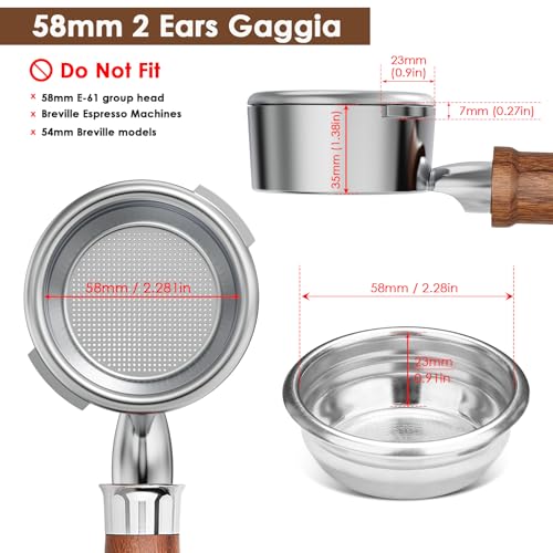 Image of 58mm Bottomless Portafilter - Professional Stainless Steel 2 Ears for 58 Gaggia Machines With Walnut Handle & Filter Basket - Not Suitable With E61 Groupheads