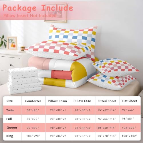 Image of Feelyou Multicolored Checkered Retro Comforter Set with Sheets 7 Piece Full Size Geometric Cute Bed in a Bag Kids Boys Girls Colorful Bedding Set Modern Groovy Aesthetic Bedroom Decor Breathable Soft