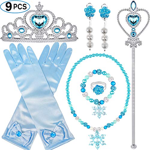 B Bascolor Frozen Elsa Princesa Disfraces Accesorios Niñas Corona Princesa Elsa Guantes Varita Collar Pendientes Pulsera Anillo Joyas Princesa Disfraces Elsa Disfraz Cosplay Accesorios Niñas (9 PC)