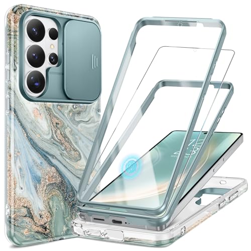 Image of GVIEWIN for Samsung Galaxy S26 Ultra Case, [Slide Camera Cover & Built-in HD Screen Protector] [2 Front Frames] Shockproof Military Grade Protective Marble Phone Case for S26 Ultra 6.9 inch (Ocean Tide)
