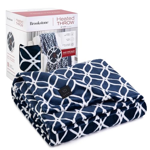 Brookstone Electric Heated Plush Throw - Heated Blankets - 4 Heat Settings 4-Hour Auto Shut Off 100% Polyester 50x60 - Blue Trellis