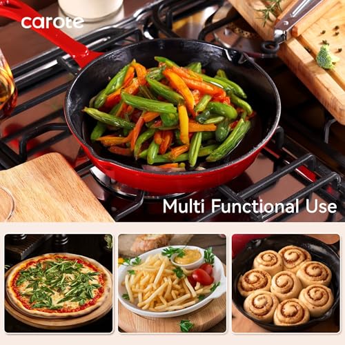 Image of CAROTE Enamel Cast Iron Skillet Frying Pan 10 Inch, 26cm -Red, Even Heat Distribution, Gas & Induction Compatible, Oven & Grill Safe, Non-Toxic & Durable Cookware, Ideal for Omelette, Shalow Frying