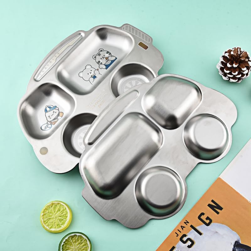 Image of Happy Hues Stainless Steel Divided Meal Plate Tray-3 Compartments Dinner Dish for Baby (Bus 02)