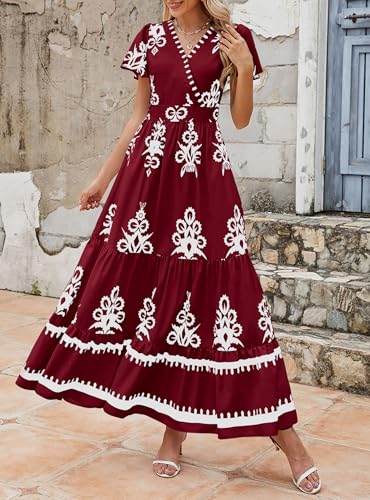 Image of PRETTYGARDEN Womens 2026 Summer Casual V Neck Boho Maxi Dress Flowy Aline Bell Sleeve Tiered Floral Dresses with Pocket