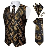 DiBanGu Black Gold Suit Vest for Men, Formal Silk Waistcoat Paisley Mens Vest and Tie Pocket Square Cufflinks Set