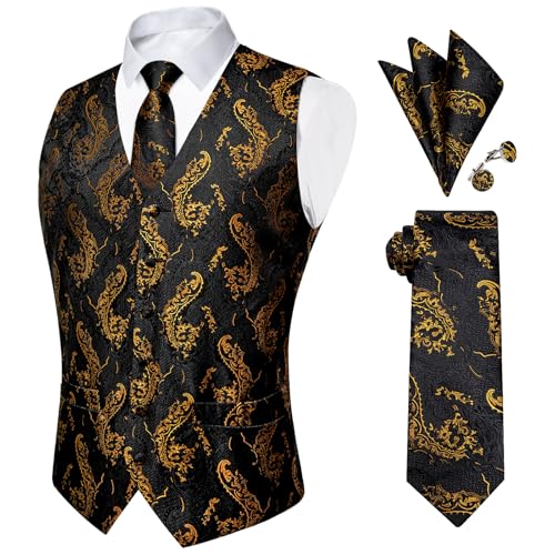Image of DiBanGu Mens Paisley Vest Silk Sleeveless Suit Vest and Neck Tie Pocket Square Cufflinks Set for Wedding Formal