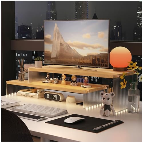 YGYQZ Holz einstellbare Monitor Riser für Schreibtisch, 2 Tier Dual Monitor Stand mit Acryl Beine Büro Schreibtisch Regal Veranstalter für Laptop, PC, Drucker, Computer (Holz-gewellt)