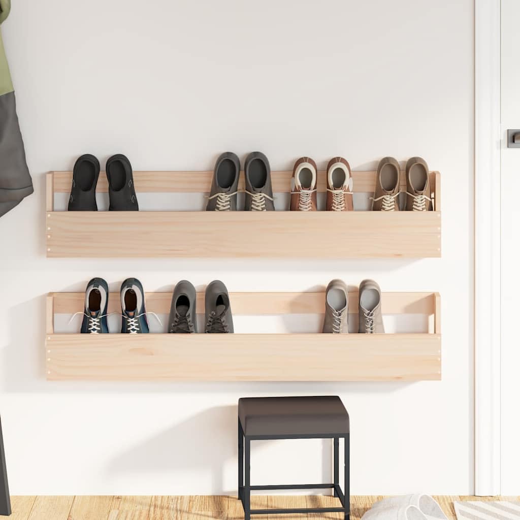 Étagère à Chaussures Murale Lot de 2 Range-Chaussures Suspendu en Pin Massif Bois Naturel Organisateur Gain de Place pour Entrée Couloir et Salon 110x9x23 cm
