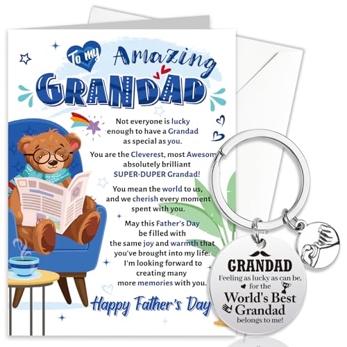 HOWAF Father’s Day Card for Grandpa, To My Amazing Grandad Gift Cards with Key Chain with Black Bags, Grandfather Fathers Day Card with Keyring for World’s Best Grandad from Grandson Granddaughter