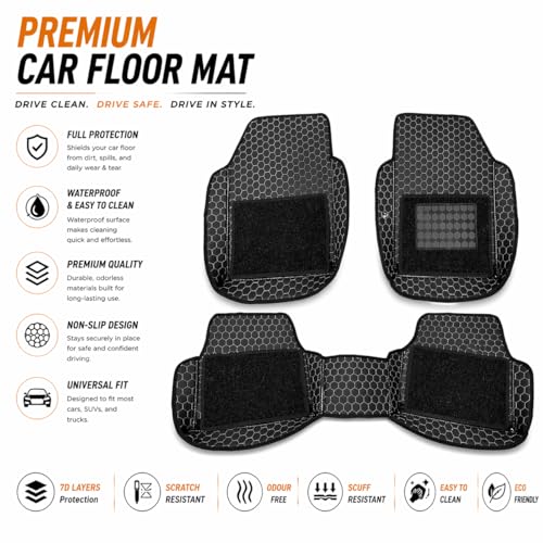 Image of Premium Universal 7D Car Floor Mat Compatible with Renault Kiger 2021-2026 | Waterproof | Anti-Slip | Luxury Premium Leather Car Mat | Full Coverage | All Weather | Car Foot Mats - (Black Silver)