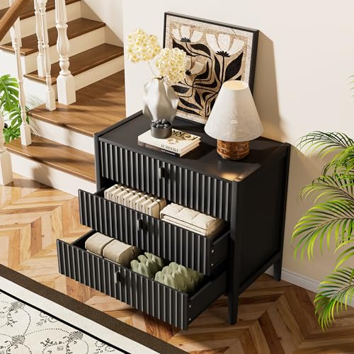 Image of Furniway Nightstand Set of 2, Modern End Table with Solid Wood Legs, Bedside Table with 3 Drawers and Metal Handles for Bedroom, Black
