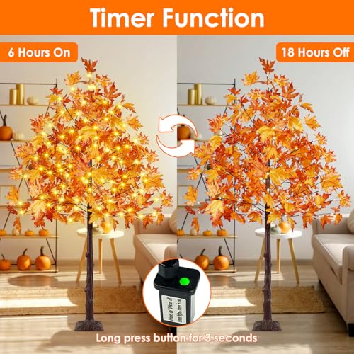 6FT Artificial Lighted Maple Tree, Fall Thanksgiving Decor with Timer, 150 LED Warm White Prelit Light up Fall Maple Tree for Indoor Outdoor Halloween Autumn Home Party Decorations, Orange