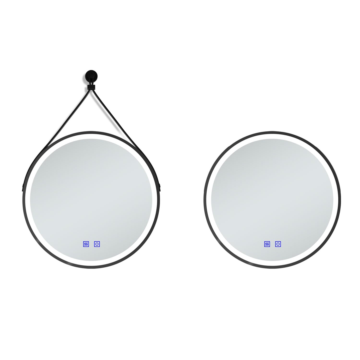 Skybathroom Round LED Bathroom Mirror,Anti-fog,3 LED Colors,Dimming and Memory Function,with Black Frame and Removable Leather Strap,70cm