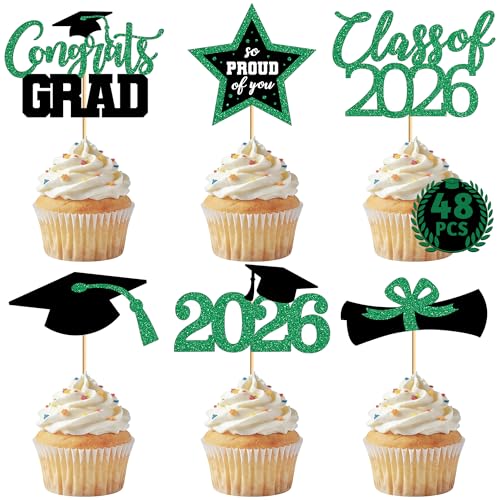 48 PCS Grad Cupcake Toppers, Glittery Congrats Graduation Cake Topper, 6 Styles Graduation Decorations, Black and Green Cap and Diploma Cake Picks for Class of 2026 Grad Party Decorations Supplies