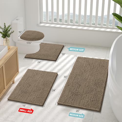 Image of Smiry Bathroom Rugs Sets 2 Piece, Soft Absorbent Chenille Machine Washable Non Slip Shaggy Bath Rug Set for Tub, Shower, and Floor (30x20+24x16, Camel)
