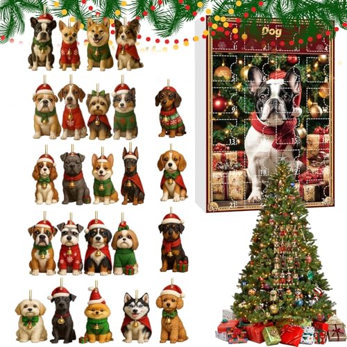 Imtrub クリスマスオーナメント カウントダウンカレンダー | アクリル 2D フラットパーティー小道具 - 24日間の犬の品種オーナメント アドベントカウントダウンカレンダー | ペット愛好家 子供 ティーン ツリー 窓 壁 マントルピース