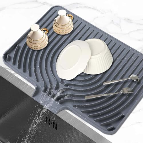 Silicone Dish Drying Mat for Kitchen Counter, 17.7" x 11.8" Dish Drying Pad, Fit for Sinks with Raised Edges, Easy to Clean, Multi-Functional Use (Grey Updated) 17.7"x11.8"x0.87" Gray