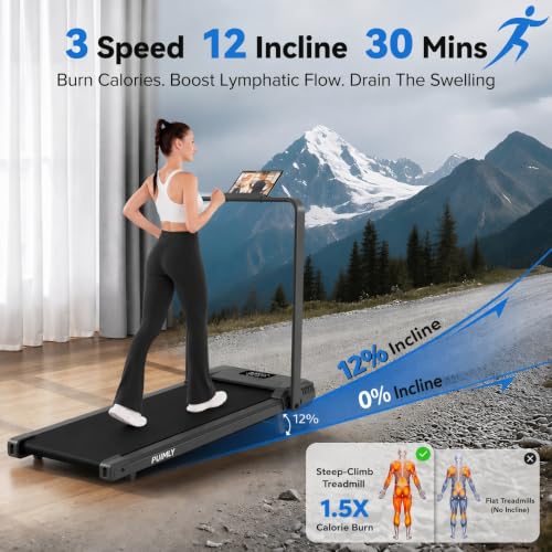 Image of FUNMILY Upgrade Walking Pad Folding Treadmill with 12% /15% Incline & Handle Bar, 3.5HP Foldable Under Desk Compact Treadmills for Home /Office /Gym, 400+lb Capacity, Shock Absorption
