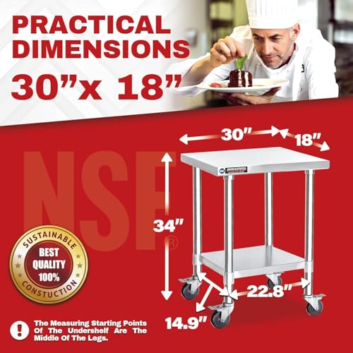 Image of DuraSteel 30x18 NSF Stainless Steel Cart Work Table - Heavy Duty Rolling Food Prep Table - Metal Utility Cart on Wheels Caster, Grill Stand Microwave Outdoor Kitchen Tables Countertop Island Large Top