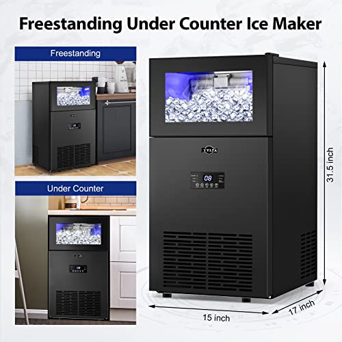 Image of Commercial Ice Maker Machine Under Counter Black, 170LBS /24H with 35LBS Ice Storage Capacity, 15 Inch Wide Stainless Steel Ice Machine Freestanding /Built-in Large Ice Machine