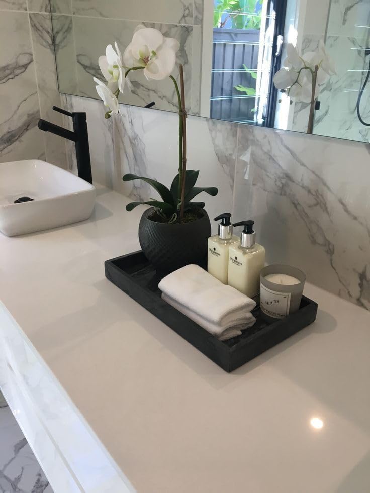 Rectangular Marble Tray 8x8 Inches | Raised Edges | Multipurpose Decorative Organizer | Elegant Marble Vanity Platter for Kitchen, Dining Table, Bathroom & Home Decor - Black