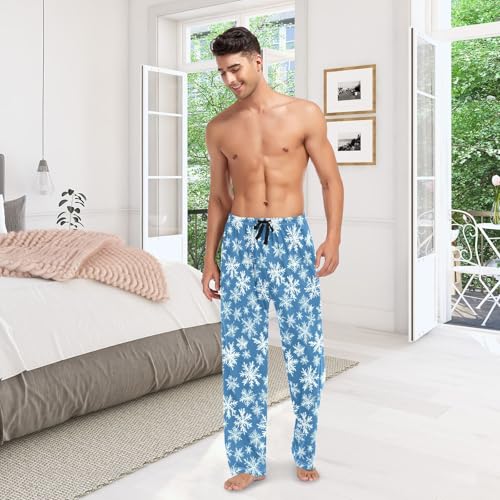 Mens Pajama Pants 100% Cotton, Snowflake Blue Background Men's Flannel Pajama2