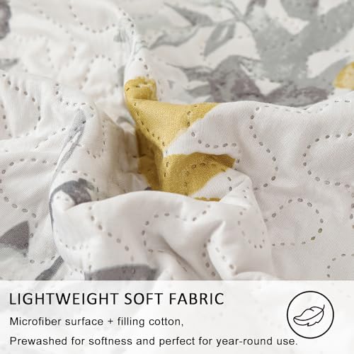 Image of Jarson 3 Pcs Floral Daybed Cover Set Twin Size Yellow Gray White Flower Sofa Cover Bedding Sets Double Side Bed Set for All Season Botanical Pattern Daybed Quilt Set with Pillow Shams