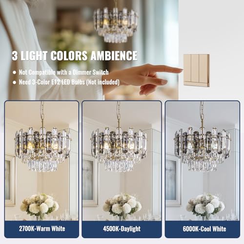 Tinkoso Modern Crystal Pendant Lights Kitchen Island,15" Round Grey K9 Crystal Chandelier for Dining Room, Bedroom,Bathroom Over Tub,Elegant Small Contemporary Lighting Fixture