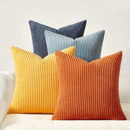 Image of Topfinel Burnt Orange and Blue Couch Pillows Pack of 4 Decorative 16x16 Inch Velvet Pillow Covers for Bed Accent Modern Corduroy Pillowcase Sofa Livingroom Home Decor