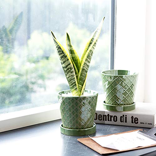 Image of BUYMAX Plant Pots Indoor aa‚¬a€oe5 inch Ceramic Flower Pot with Drainage Hole and Ceramic Tray - Gardening Home Desktop Office Windowsill Decoration Gift, Set of 4 - Plants NOT Included (Patina)