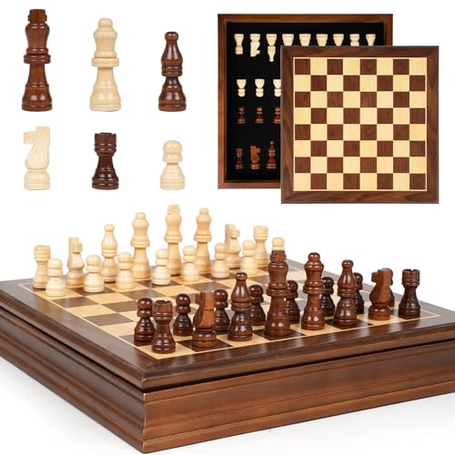 Magnetic Wooden Chess Set with Storage Box Solid Wood 12 Inch Chess Board with Handmade Magnetic Pieces & 2 Extra Queens Classic Strategy Board Game for Adults & Kids Educational Gift
