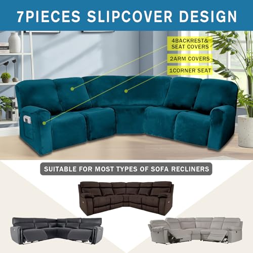Housse de canapé inclinable en L extensible bleu lavable 5 places
