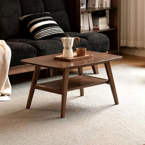 100% Solid Wood Coffee Table for Living Room, 31.5' Small Tables with Shelf Storage, Mid Century Modern Storage Coffee Table with Rounded Corners (Oak Wood Walnut Color)