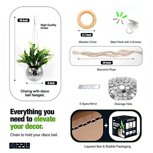 Dazzlo Hanging Disco Ball Planter 6" - Disco Planter With Chain, Rope,Stand & Spare Mirrors - Disco Ball Decor For Indoor/Outdoor - Disco Ball Hanging Planter 22 Lbs Capacity - Disco Ball Plant Hanger #TOP3