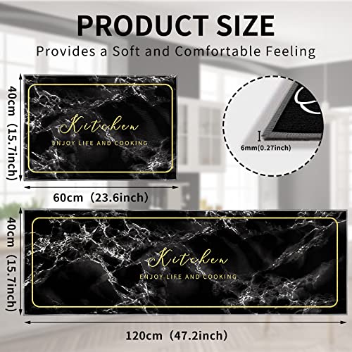 Black Kitchen Rugs and Mats Sets of 2 Pieces Funny Kitchen Decoration Non Slip Super Absorbent Kitchen Mat Runner Rug for Sink,Hallway,Laundry Room (Black Marble - Image 2