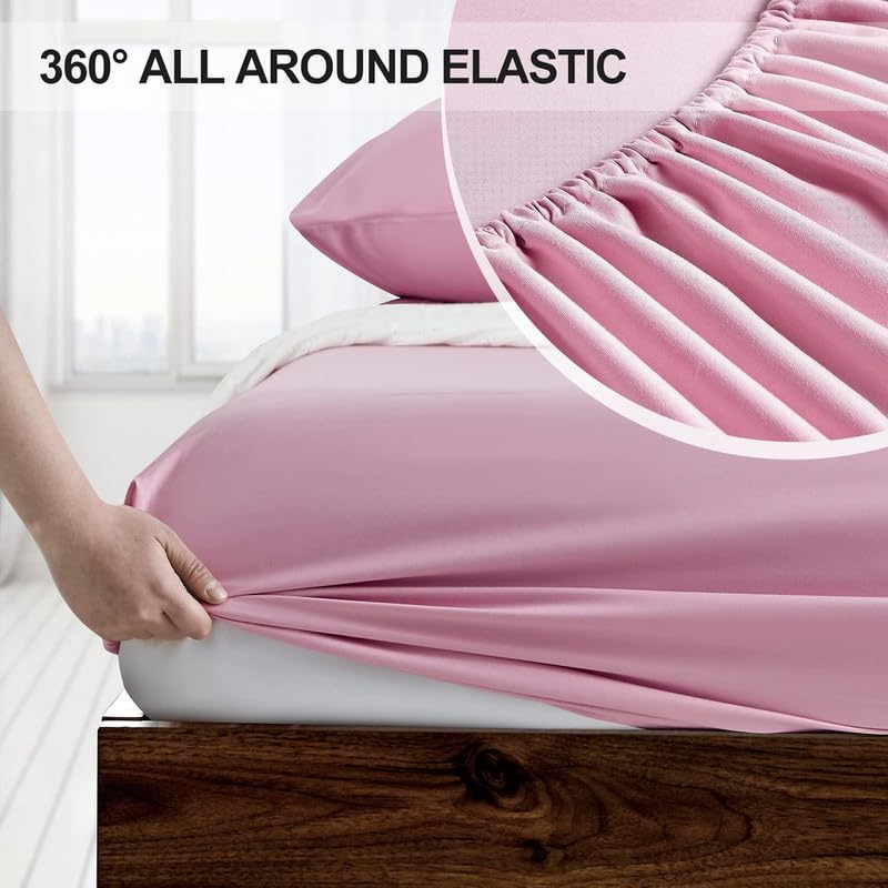 Image of Amazon Brand - Umi Cotton Feel Glace Cotton Fade Resistant Elastic Fitted Single Bed Bedsheet with 1 Pillow Cover Fits Upto 8 inches Mattress, Size- 36x78x10 Inches, Pink
