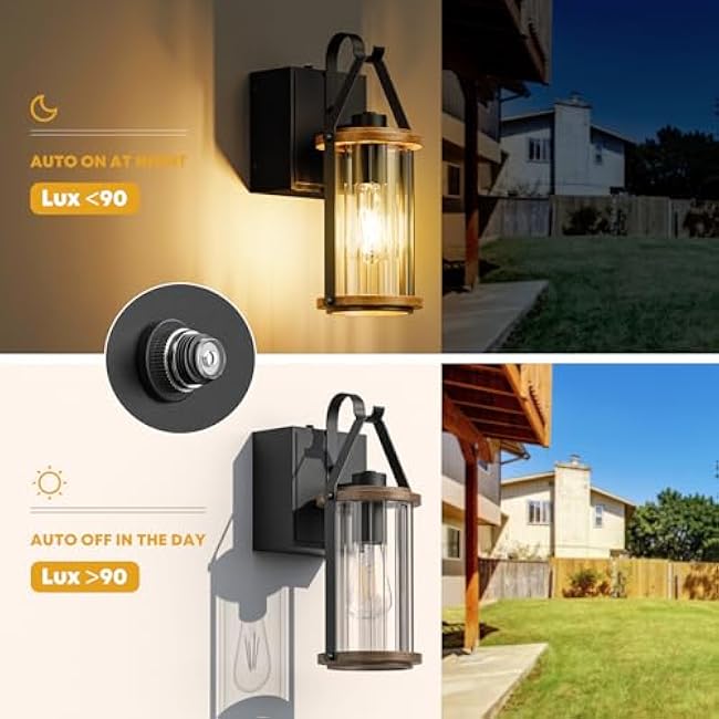 Porch Light with Outlet GFCI Dusk to Dawn Outdoor Lights 1 Pack for House Waterproof Exterior Lighting Fixtures Wood Glass Front Porch Garage Black