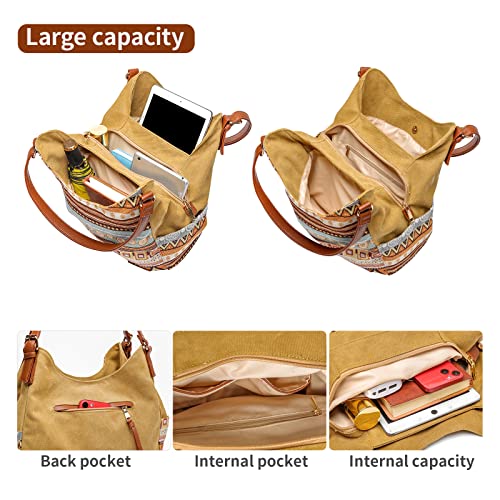 Image of Worldlyda Women Canvas Hobo Purse Multi Pocket Tote Shopper Shoulder Bag Casual Top Handle handbag with Embroidery Ethnic