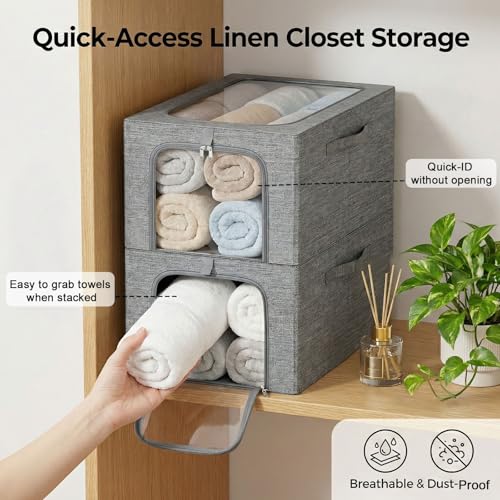 Image of GoMaihe Clothes Storage Bins Metal Frame: 3-Pack Compact Stackable Closet Storage Bin with Lid & Clear Window, Space Saving Organizer for Sweaters Kids Clothes (Dorm /Closet 27L)
