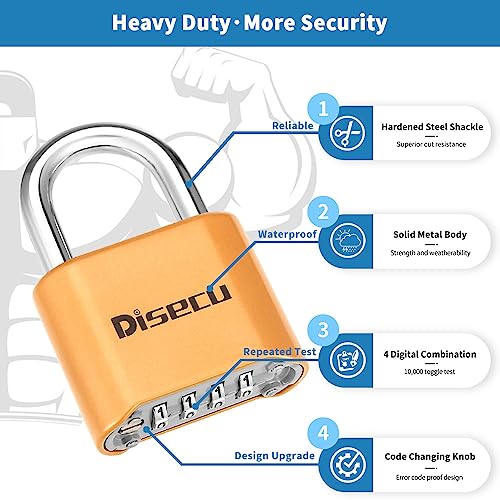Image of 1 Pack disecu Heavy Duty 4 Digit Combination Lock, Anti-Error Feature, Outdoor Waterproof Padlock for School Gym Locker, Fence, Gate, Hasp Storage, Toolbox (Brass)
