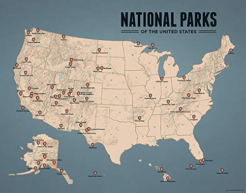 US National Parks Checklist Map 11x14 Print (Tan & Slate Blue)