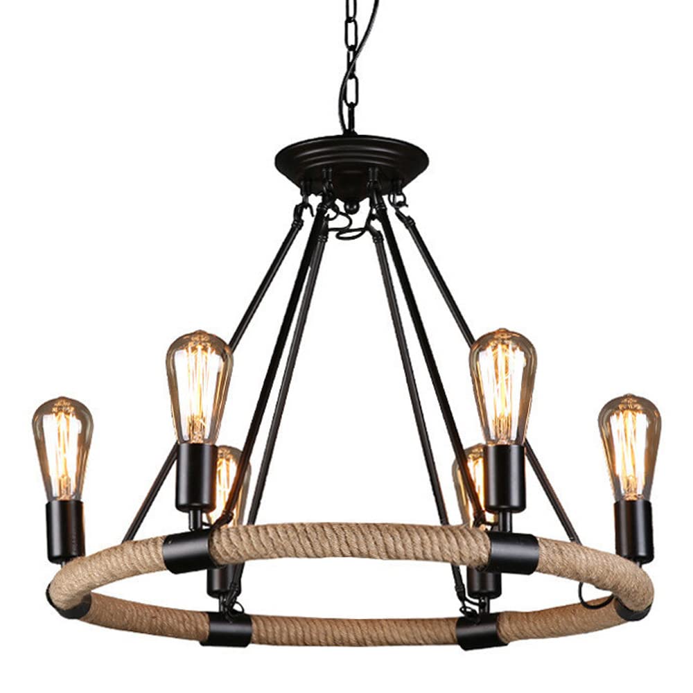 HXYSXHJUO Large Size 6-Light Wagon Wheel Chandelier With Hemp Rope Finish,23.6in Short Pendant Light,Round Kitchen Island Lighting Fixture,Adjustable Height Black Iron
