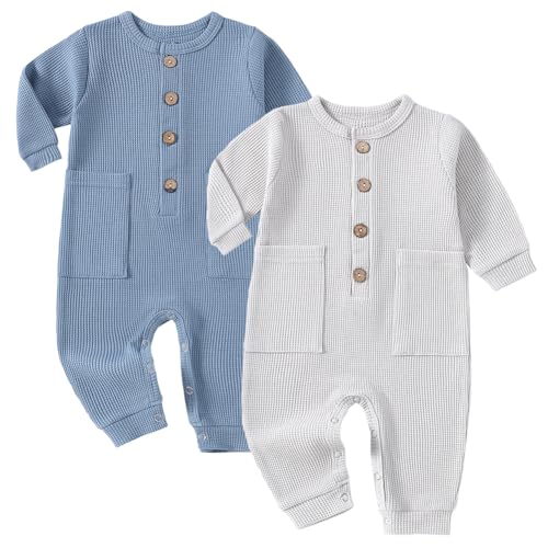 Image of Yookoom Baby Boys Girls 2 Pack Solid Romper Ribbed Long Sleeve One-Piece Knit Cotton Jumpsuit Outfits Clothes