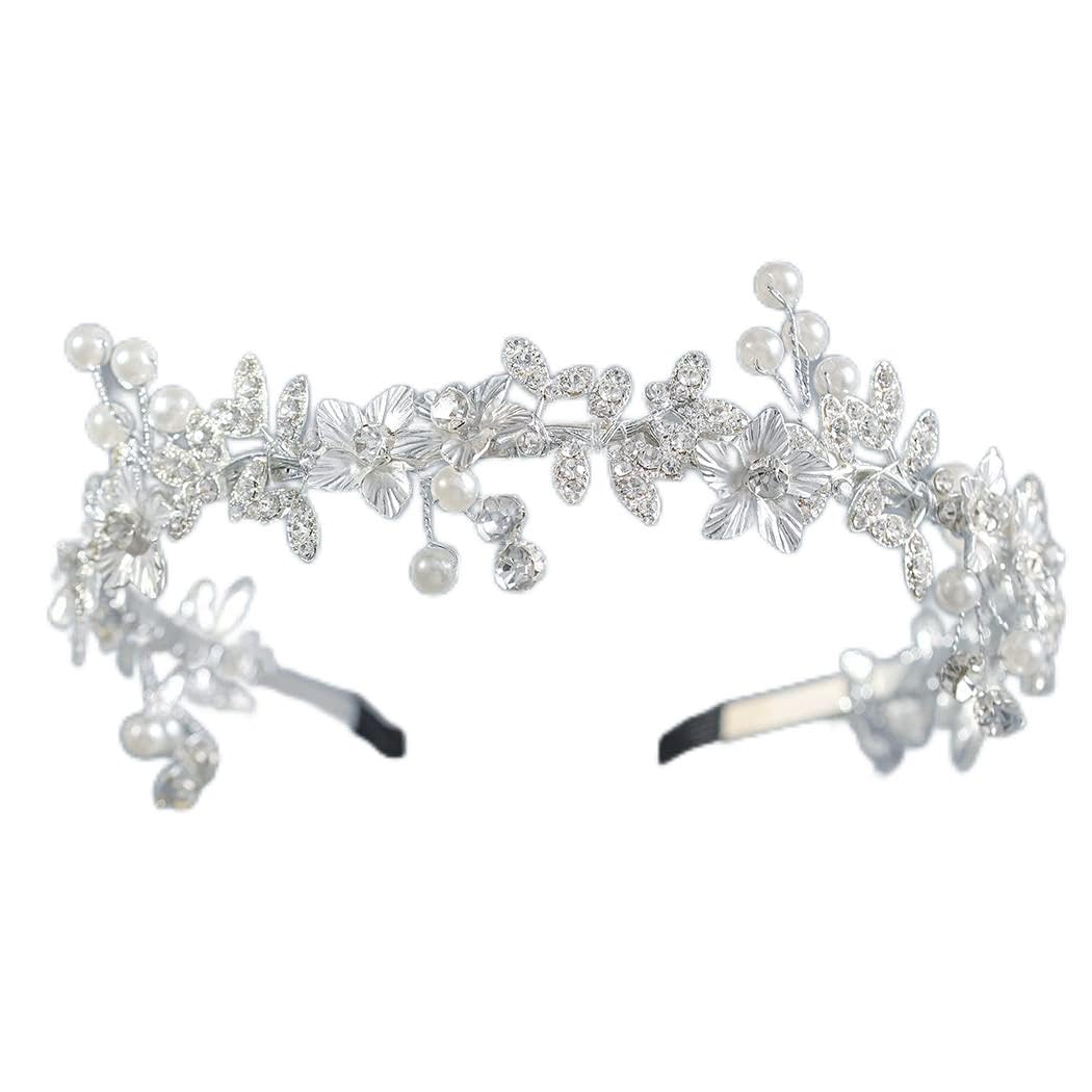 Campsis Pearl Wedding Headband Silver Crystal Bridal Headpiece Jewelry Flower Hair Accessories for Women Prom Party for Bride Bridesmaid