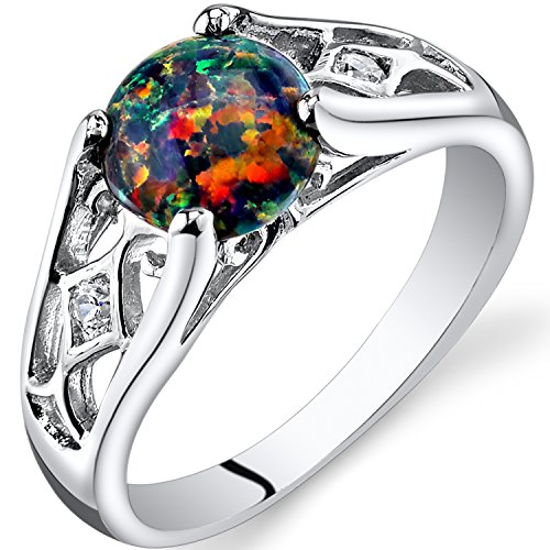 PEORA Created Black Fire Opal Ring for Women 925 Sterling Silver, Venetian Vintage Design, 1 Carat Round Shape 7mm, Sizes 5 to 9