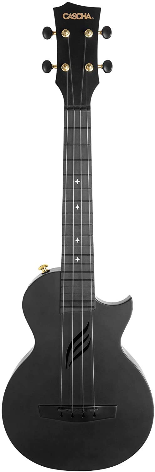 CASCHA Konzert Ukulele Set aus Kohlefaser I Carbon Ukulele Starter Kit mit 3 Plektren Tasche Gurt I Ukulele Set Fluorcarbon Saiten I Kleine Hawaii Gitarre für Anfänger Fortgeschrittene I Schwarz
