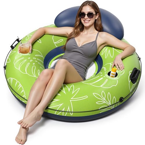 JOSEN River Floats for Adults Heavy Duty 350lb, XL River Tubes for Floating - 53" Large Pool Floats Adult with 2 Cup Holders, Inflatable Floating Tube, River Run Tube Lake Water Tubes