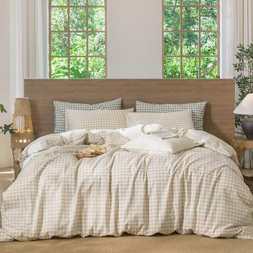 Image of MooMee Gingham Duvet Cover Set 100% Washed Cotton Linen Like Textured Breathable Durable Soft Comfy Modern Checkered Design (Almond Milk Grey Gingham, Twin 68 inchx90 inch)
