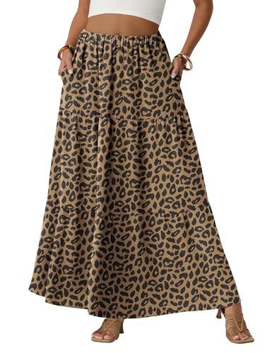 QIXING Damen Maxirock Sommer Boho Blumen Muster Hohe Taille Langer Fließender Rock mit Taschen Stufenrock Elastischer Taille(ArmeeGrün XS)
